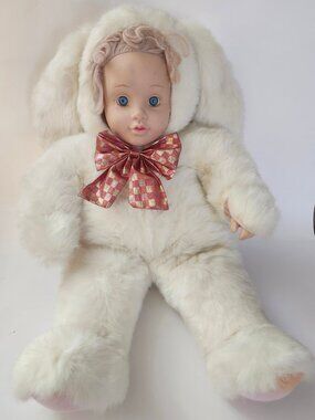 Vintage Rubber Face Doll Bunny Rabbit Stuffed Plush Arms Legs Movable White 20"